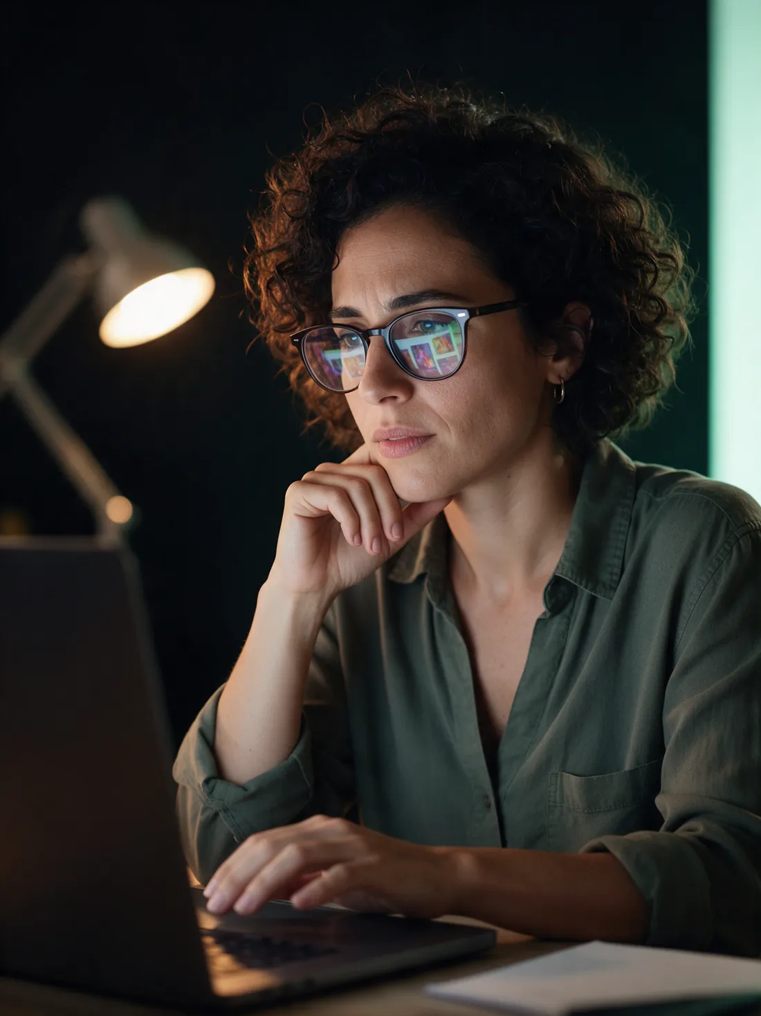 יוצרת תוכן עובדת על מחשב נייד ועל המסך תמונה לפני ואחרי עריכה בבינה מלאכותית, בתאורה קולנועית כחולה וסגולה