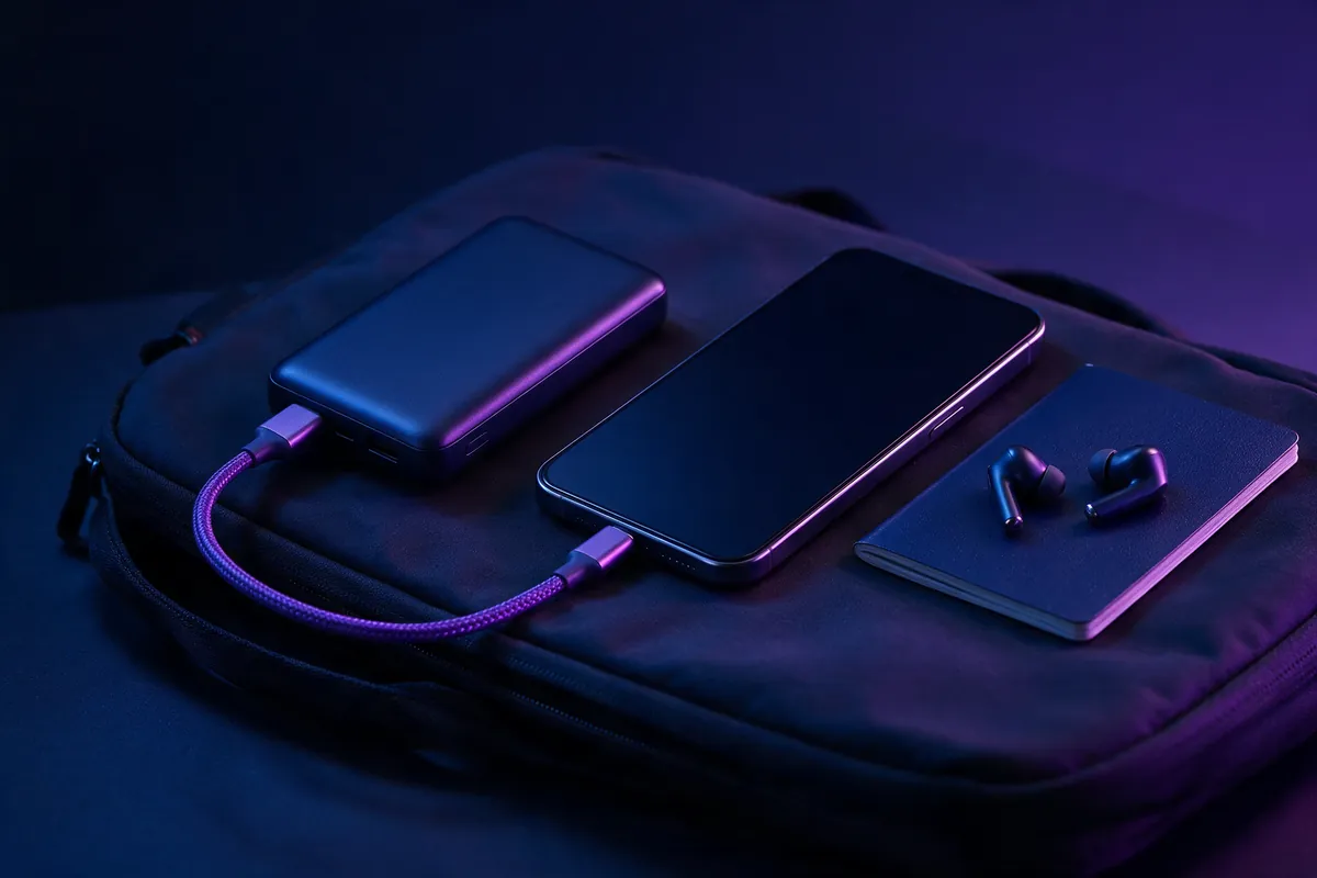 מטען נייד שטוח מחובר בכבל USB-C לסמארטפון על שולחן בשדה תעופה, בתאורה קולנועית בגווני כחול כהה וסגול